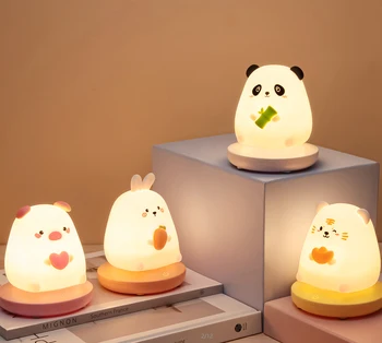 Милая Панда Светодиодные ночные светильники для детской спальни Силиконовая лампа Животное Кролик Сенсорный датчик С регулируемой Яркостью Праздничный подарок Перезаряжаемый