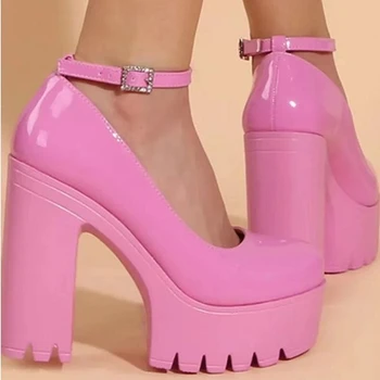 Милые Туфли-лодочки на платформе с ремешком на щиколотке и массивном каблуке Розовые Женские туфли-лодочки на высоком квадратном каблуке 2022 Весна Офисная Женская Обувь