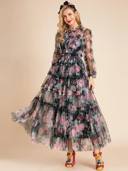 Модное дизайнерское летнее женское винтажное вечернее платье с длинным рукавом, плиссированным цветочным принтом и высокой талией из сетки