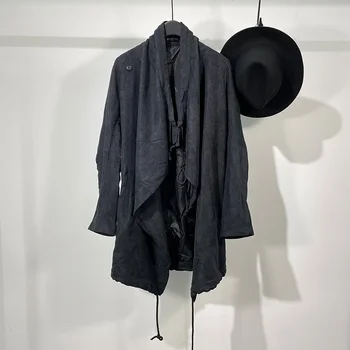 Модный мужской дизайнерский нерегулярный винтажный тренч средней длины С эффектом драпировки, на ощупь тонкий, классная модная куртка