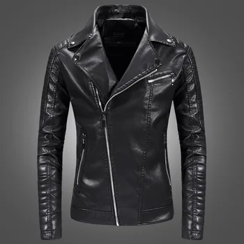 Мужская куртка из искусственной кожи, повседневная модная мотоциклетная байкерская куртка, мужская осенняя верхняя одежда, приталенное пальто с отложным воротником на молнии HX575