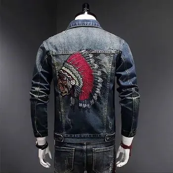 Мужская тонкая эластичная модная весенняя мотоциклетная джинсовая куртка с вышивкой
