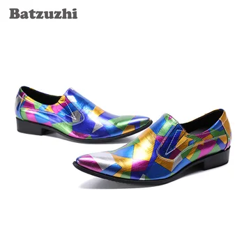 Мужские вечерние кожаные модельные туфли Batzuzhi Muti/ Цветная мужская обувь итальянского типа, деловые вечерние и свадебные туфли без застежки с острым носком