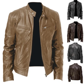 Мужские Тонкие кожаные куртки с косой молнией, мотоциклетные куртки, Новая мужская верхняя одежда, байкерские пальто из искусственной кожи, Размер 4XL