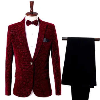 Мужской осенне-зимний винно-красный бордовый бархатный костюм с цветочным узором, куртка, приталенный блейзер, дизайн сценических костюмов для певцов