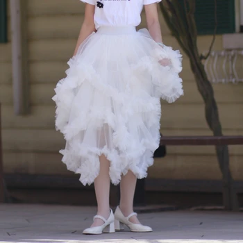 Нерегулярная сетчатая юбка для торта, женская модная однотонная юбка средней длины с эластичной талией, пышная Длинная юбка-фея с большими размахами