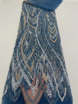 новейшая кружевная ткань с бисером Артикул СИНИЙ 2023 Высококачественные красочные кружевные ткани с африканскими блестками, Роскошная швейная ткань для женского платья