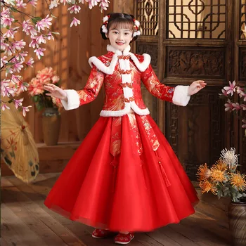 Новое Осенне-Зимнее Новогоднее Поздравление для девочек, Детское Праздничное платье Принцессы в китайском стиле в стиле ретро древнего Ханьфу
