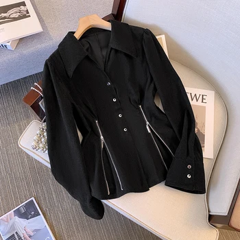 Новые женские рубашки 2023 года, французская винтажная блузка, весенняя рубашка на пуговицах с острым воротником, тонкие черные элегантные женские топы в стиле ретро