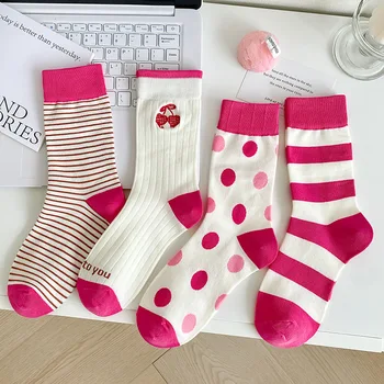 Новые Розовые хлопковые женские носки, Длинные носки с черешней, Женские Носки в горошек и полоску, Уличная одежда для девочек, Calcetines mujer Medias