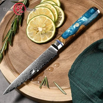 Нож шеф-повара VG10 из японской дамасской Стали Для Нарезки Помидоров, Ножей для стейка, кухонных инструментов, посуды, столовых приборов, Синяя деревянная ручка, НОВИНКА