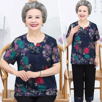 Одежда для бабушки, Хлопковая Рубашка с короткими рукавами из вискозы, Брючный Костюм 60-85 Лет, Комплект из двух предметов для матери среднего возраста, Женский XL-5XL