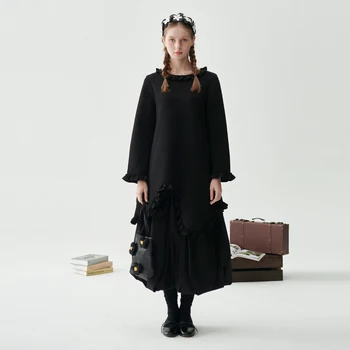 Оригинальная черная кукольная рубашка Leorlax, японское милое платье, женский нерегулярный длинный дизайн, юбка с краем листа лотоса 22040