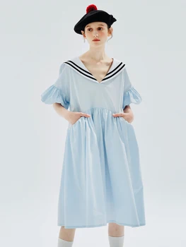 оригинальное летнее платье в морском стиле imakokoni, Женское синее платье в стиле пэчворк с коротким рукавом и V-образным вырезом 234166