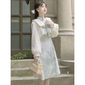 Оригинальное платье-Чонсам с длинным рукавом в китайском стиле со стоячим воротником и принтом, Шерстяное пальто, Женские осенние Элегантные вечерние платья Qipao