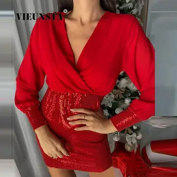 Осеннее офисное Женское красное платье с длинным рукавом, женское Сексуальное облегающее мини-платье для поездок на работу, модное платье с V-образным вырезом и пайетками в стиле пэчворк