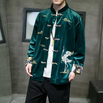 Осенняя мужская вельветовая рубашка с длинными рукавами и вышивкой в китайском стиле, Мужское пальто с воротником-стойкой на пуговицах, Традиционная одежда эпохи Хань Тан