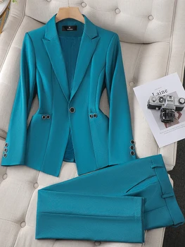 Офисный Женский брючный костюм из 2 предметов, Женский Зеленый Фиолетовый Синий Черный Формальный Блейзер и брюки, Женская рабочая одежда, модные деловые комплекты