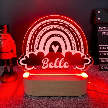 Персонализированный 7 цветов радужного света, пользовательское название, ночник, светодиодная неоновая лампа для детей, декор детской спальни, USB Деревянная основа