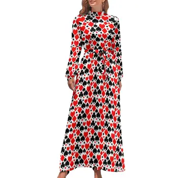 Платье с красным сердечком, высокая талия, Бриллианты, трефы и пики, Пляжные платья в стиле Бохо, длинное платье Макси в уличном стиле с длинными рукавами, одежда для вечеринок