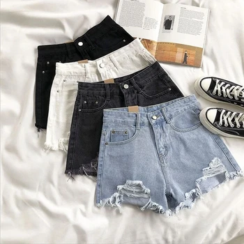 Повседневные джинсовые шорты с высокой талией, женские Летние Рваные джинсы с карманами и кисточками Больших Размеров, Короткие женские Короткие брюки