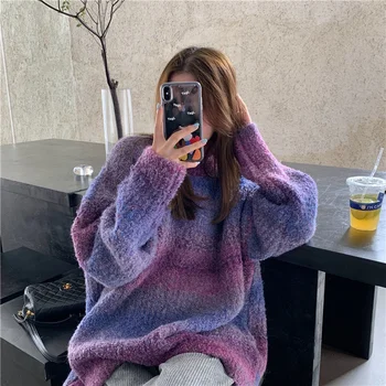 Ретро японский толстый свитер, свободная ленивая женская верхняя одежда, градиентный цвет, зимний новый женский вязаный свитер