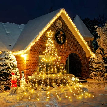 Рождественская звезда, Сказочная Гирлянда, Струнный светильник, 317 светодиодов, Рождественская Елка, Подвесной Звездный светильник для свадебной вечеринки на заднем дворе, Праздничный декор