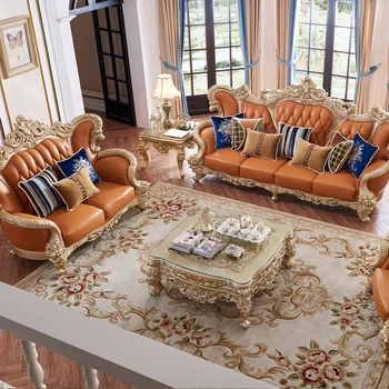 Роскошная мебель для гостиной из массива дерева и натуральной кожи в европейском стиле, набор диванов 1234 для большой виллы, краска и резьба