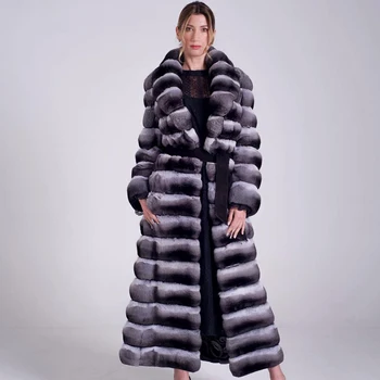 Роскошная одежда, Женское Длинное Меховое пальто из натуральной шиншиллы, пальто из кролика Рекс, теплая зимняя шуба из кроличьего меха для женщин, Модная