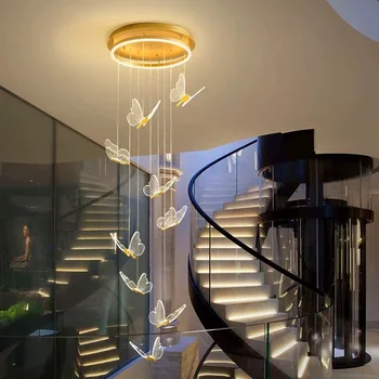Современная двухуровневая лестница, акриловая люстра, вращающаяся лестница, светильник-бабочка, мансарда, Вилла, гостиная, светодиодная люстра, упаковка