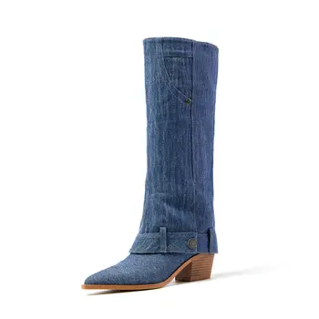 Стильные Женские ботинки в западном стиле, ковбойские синие джинсовые туфли до колена, Ковбойские туфли на высоком каблуке с острым носком, превосходная весенне-осенняя обувь