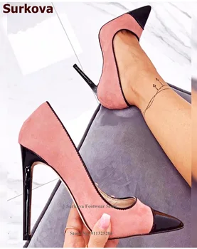 Суркова розовый замши, черной лакированной кожи острым носом на высоком каблуке лаконичного цвета лоскутное платье Женская обувь повседневные костюмы насосы US14