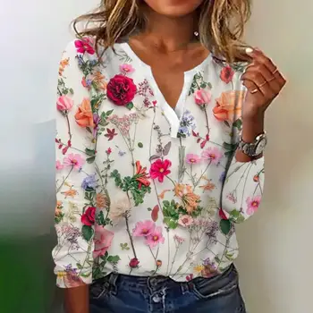 Тонкая Женская футболка с V-образным вырезом и длинным рукавом, яркий 3D цветочный принт, Свободный Пуловер, блузка, Уличная одежда