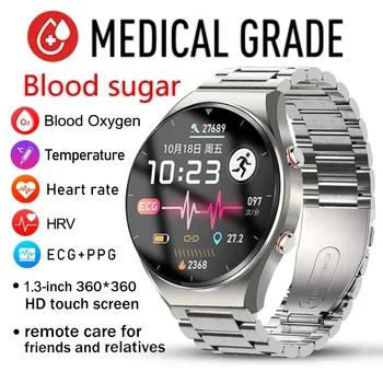 Точное Измерение уровня сахара в крови Смарт-Часы Мужские 1,32-дюймовый HD AMOLED Экран Здоровая ЭКГ + PPG ВСР Частота сердечных сокращений Smartwatch Новинка 2023