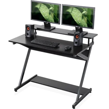 Уникальный Z-образный 40-дюймовый компьютерный стол с полкой на 2 монитора и нижними полками для хранения, компактный рабочий письменный стол для домашнего офиса, черный
