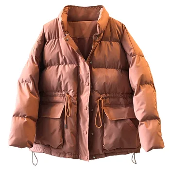 Хорошая Популярная Зимняя теплая куртка с хлебной подкладкой, Женский воротник-стойка, завязки на талии, Хлопковое шикарное пальто Оверсайз, женское