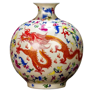 Цзиндэчжэньская фарфоровая ваза, желтая сливовая ваза, ваза с рисунком дракона, китайская гостиная, украшение цветочной композиции для винного шкафа