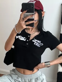 Эластичная футболка с принтом ретро-граффити, Женский Сексуальный облегающий укороченный топ, черные топы с коротким рукавом и круглым вырезом, летние футболки в стиле гранж